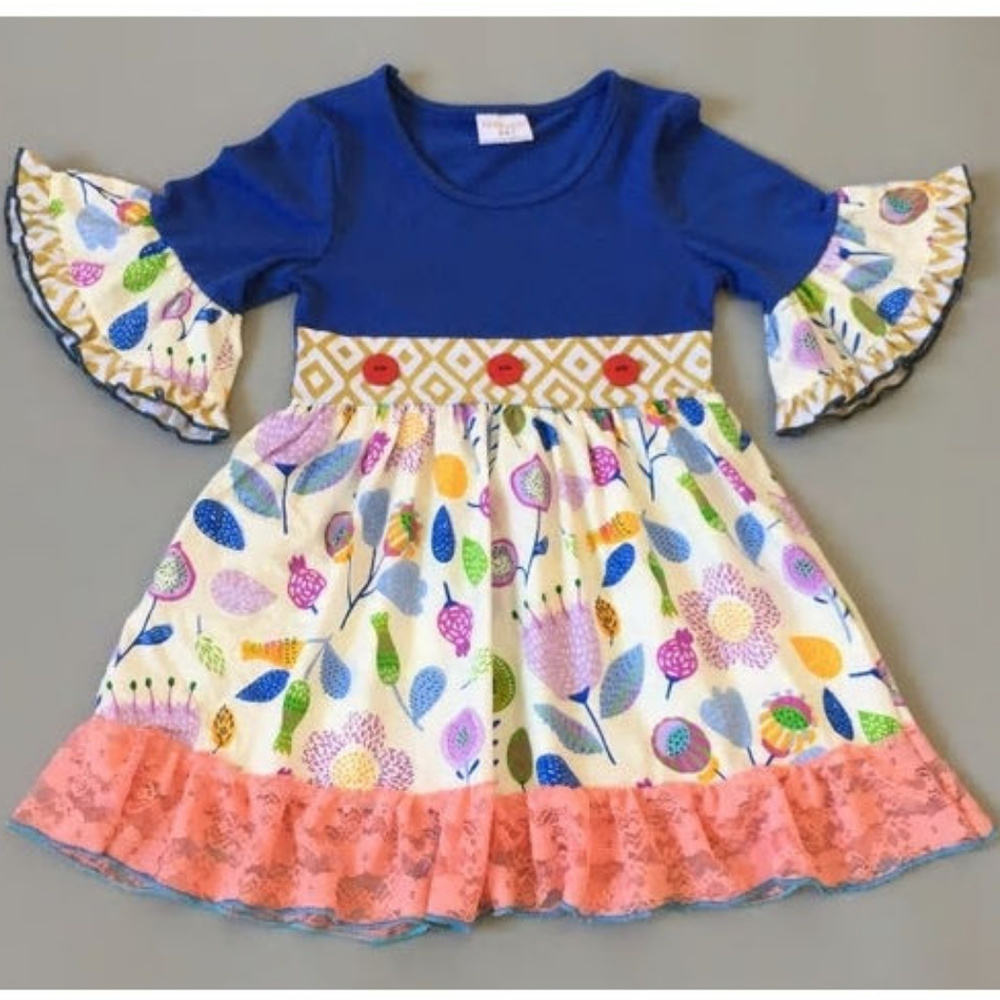 Boutique Floral Blue Short Sleeve Ruffle Dress